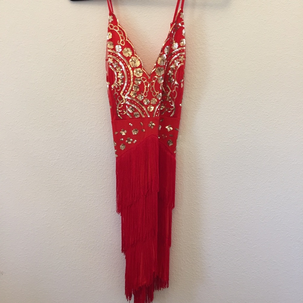 Red Fringe Sequin V-Neck Flapper Mini-Dress